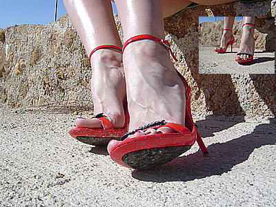 Calming In Red Sandals High Heels Sitting In The Sun